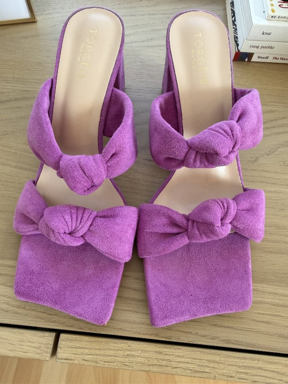 Torgeis Faux Suede Double Knotted Block Heeled Sandals - purple size 8